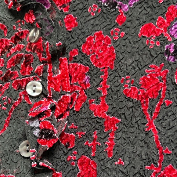 Coldwater Creek black and multicolor floral velvet burnout button-up top. - Picture 9 of 14